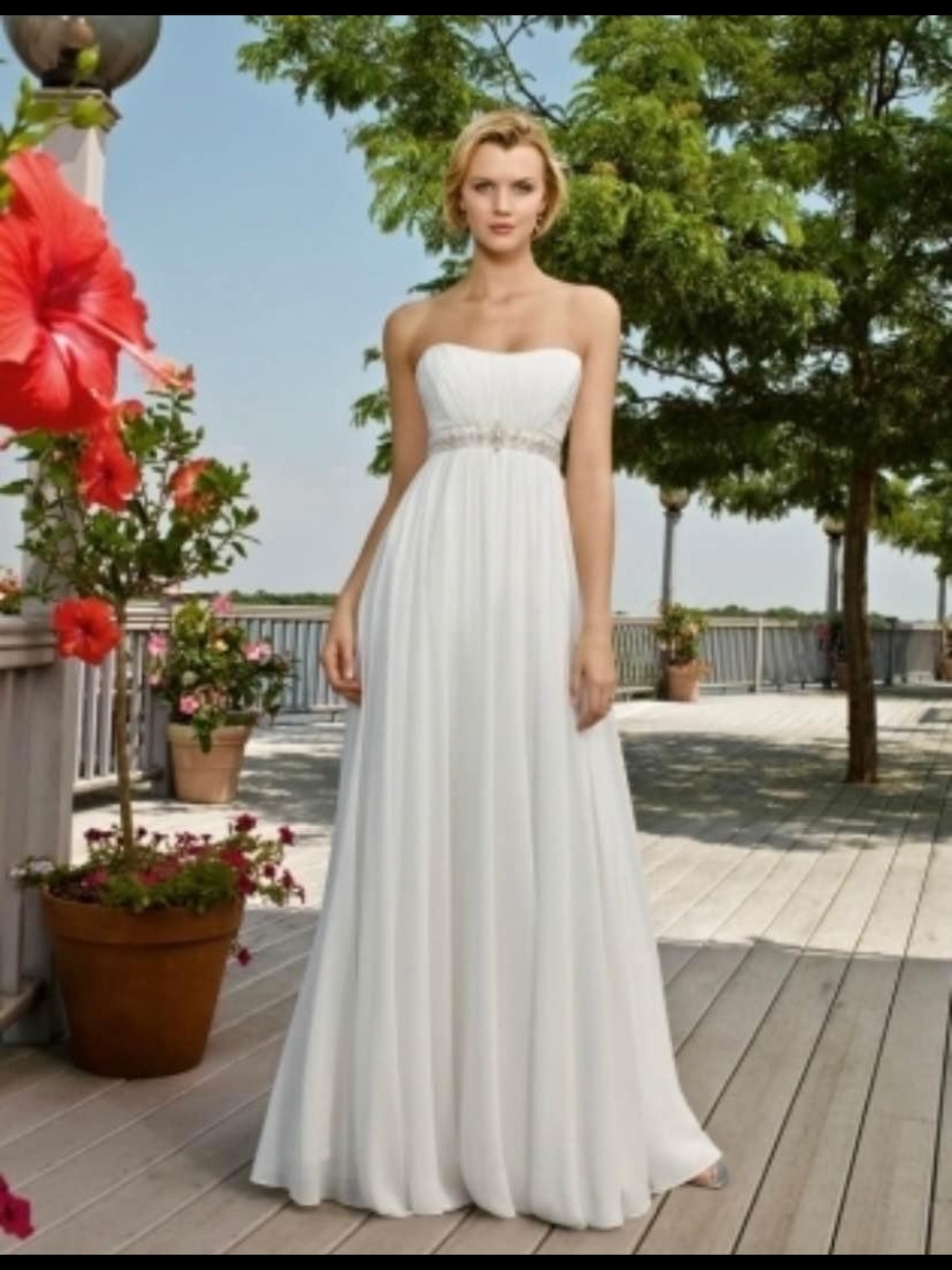 Strapless White Evening Gown with Beaded Waist